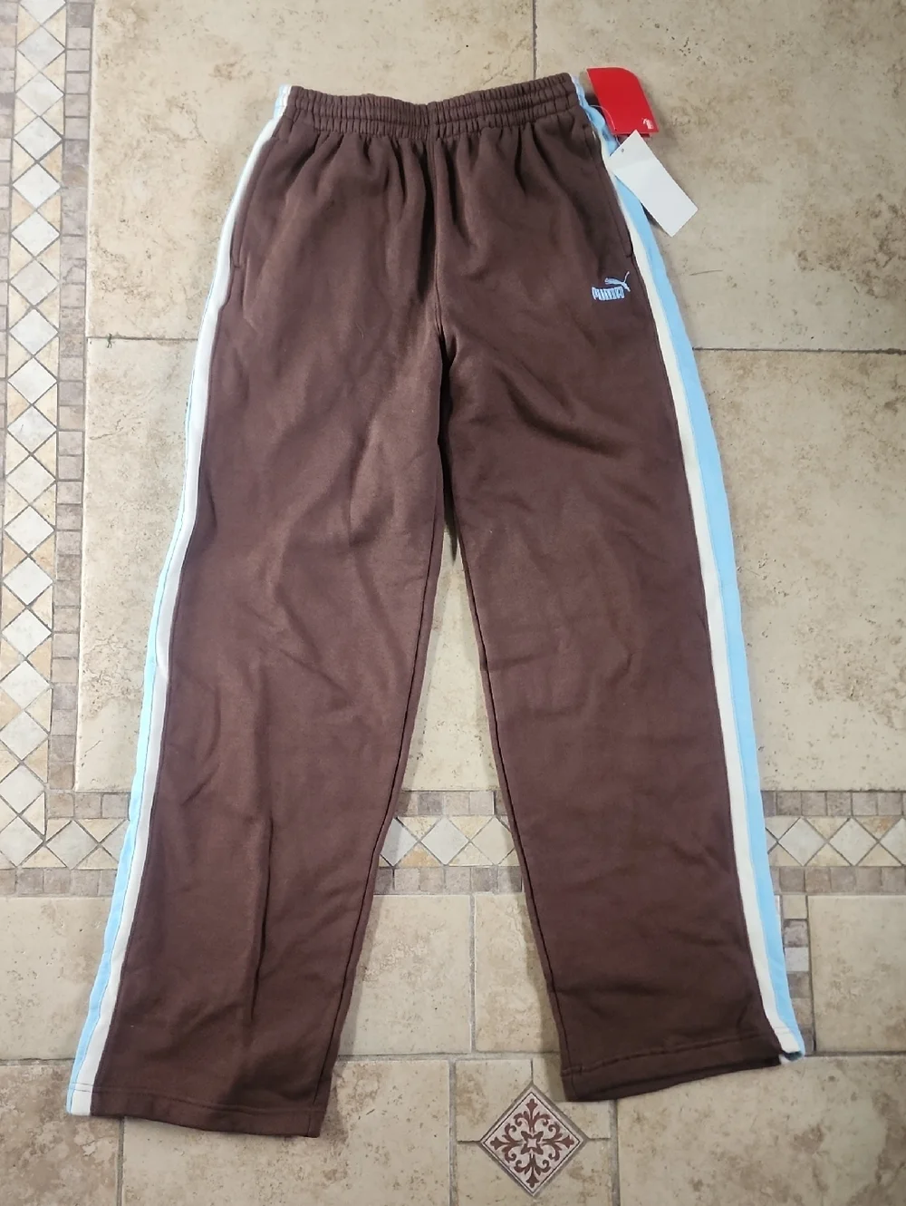 Puma Brown Kids Joggers with Light Blue & White Side Stripes